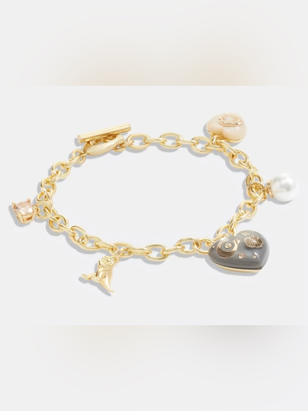 Rare Rexy Coach Gold Charm Bracelet with Gray Heart and Cream & Pearl Accents